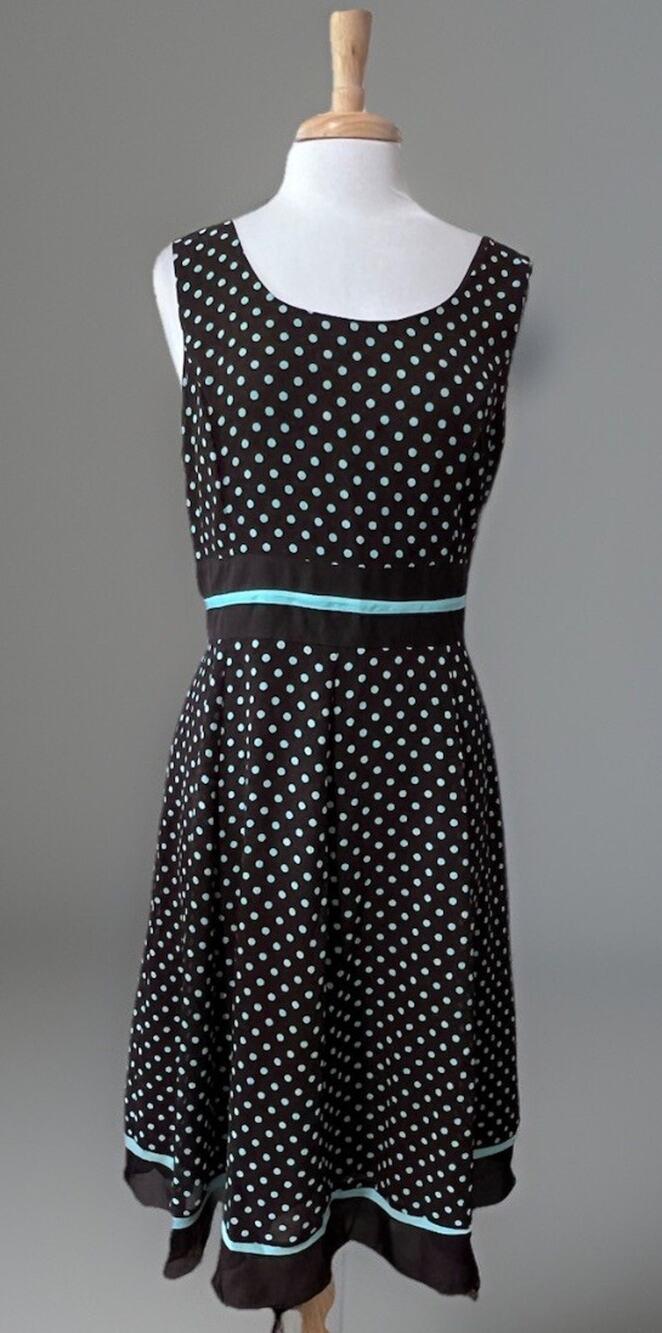 Studio I Women's 16 Sleeveless Sheath Dress Brown Aqua Polka Dot Fit and Flare
